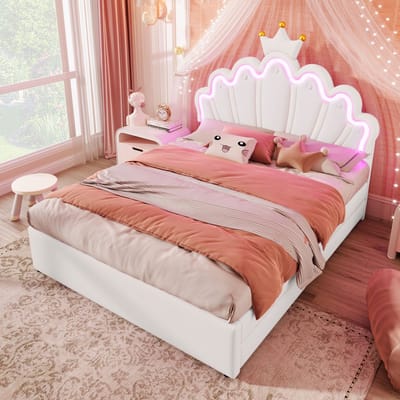 DESMIU Gestoffeerd Bed 140x200cm – Bed Met Verstelbaar Hoofdeinde En Led Sfeerverlichting – 2 Lades Voor Extra Opbergruimte – Jeugd En Slaapkamer – Pu En Mdf – Wit – Zonder Matras