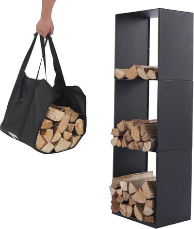 Brandhoutrek met Draagtas - Houtopslag voor Binnen en Buiten - Zwart Metaal (40x28x120cm)