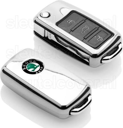 Autosleutel Hoesje geschikt voor Skoda - SleutelCover - TPU Autosleutel Cover - Sleutelhoesje Chrome / Hoogglans Zilver
