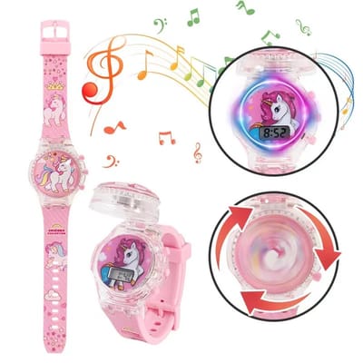 Digitale Unicorn Kinderhorloge - Verstelbare Digitale Horloge met Muziek, Feestlichtjes en Draaiende Klep - Perfecte cado voor Kids en Unicorn Fans - Horloge Kast: 3cm, Horloge Band: 22cm - Kleur: Roze