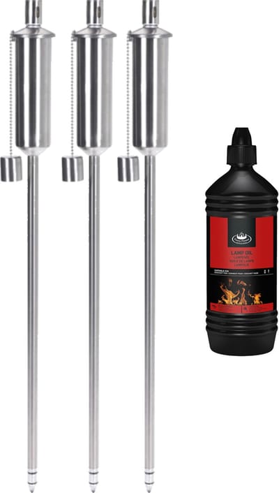 3x stuks Tuinfakkels RVS 115 cm - Inclusief 1 liter lampenolie/fakkelolie