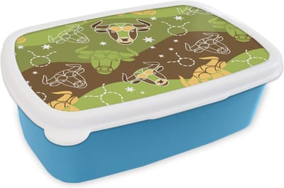 Broodtrommel Blauw - Lunchbox - Brooddoos - Stier - Zodiac - Groen - Patroon - 18x12x6 cm - Kinderen - Jongen