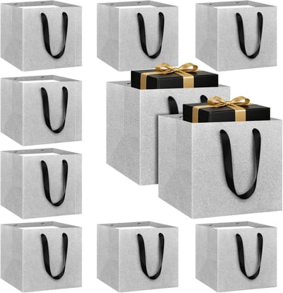 LVNRIDS 10 stuks luxe geschenkzakjes, zilverkleurig, vierkante geschenkzakjes, 20 x 20 x 20 cm, cadeautasjes, papieren - ShopVlot
