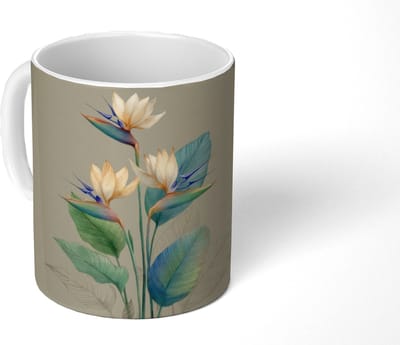 Mok - Koffiemok - Paradijsvogelbloemen - Blauwgroene bladeren - Beige - Mokken - 350 ML - Beker - Koffiemokken - Theemok