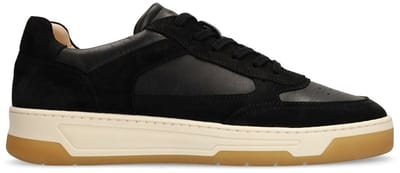 Manfield - Heren - Zwarte leren sneakers met suède details - Maat 40