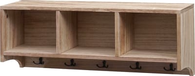 Wandkapstok MCW-K49, kapstok Wandkapstokplank, 3 opbergvakken 5 haken 30x80x20cm hout ~ natuurlijk bruin