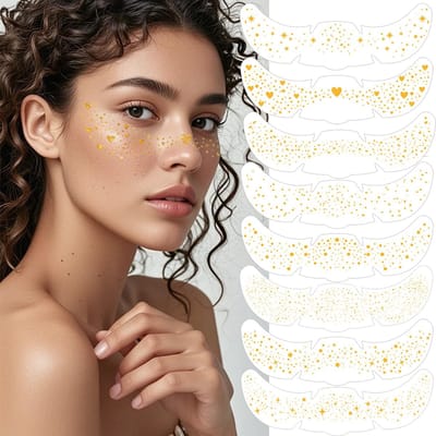 16 x goud Glittersproeten, Holografische glitter zomergezichtstattoos, glitter make-up stickers, waterdicht, lichtgevende glittervlekken, gezicht, tijdelijke make-uplijm voor vrouwen, festivals, raves iriserende gezichtsstickers - Cyslmuk®
