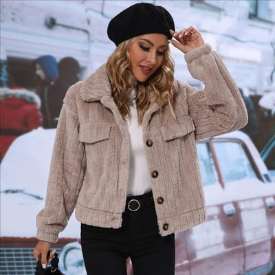 Cardigan Lâche à Revers Manches Longues pour Femme Automne Hiver Veste Courte Doublée Polaire Simple Boutonnage XL abricot