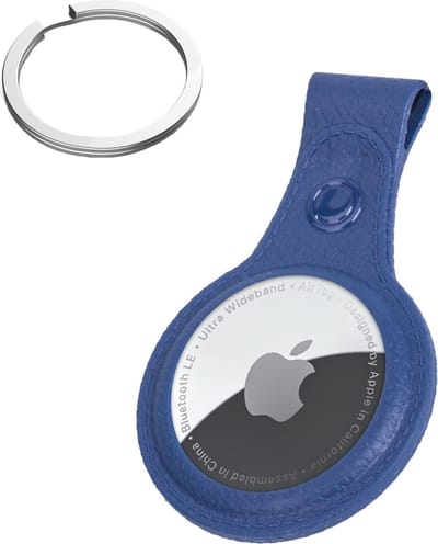 Hoesje Geschikt voor Apple AirTag Sleutelhanger Houder Leder Look Hoes - Sleutel Hanger Case Hoesje Geschikt voor Apple AirTag Hoesje - Donkerblauw