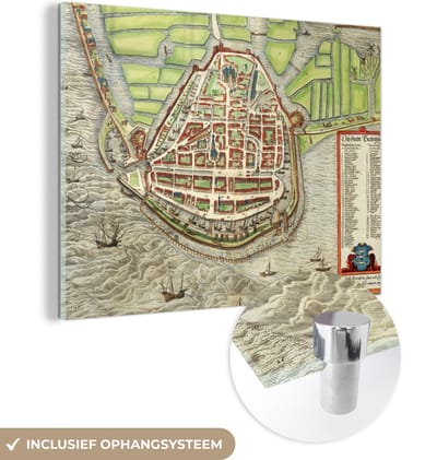 MuchoWow® Glasschilderij 40x30 cm - Schilderij acrylglas - Kaart - Enkhuizen - Geschiedenis - Foto op glas - Schilderijen
