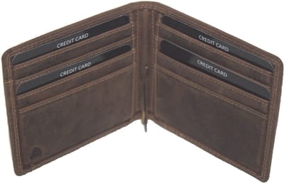 Oi Hunter bruine leren billfold met dollarclip / platte portemonnee met geldklem met munt vak voorop / dollarclip met ruimte voor pasjes en kleingeld / RFID SAFE / bruin leer / 335H