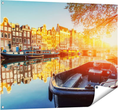 Gards Tuinposter Amsterdamse Brug - Gracht - met Bloemen - 100x80 cm - Tuindoek - Tuindecoratie - Wanddecoratie buiten - Tuinschilderij