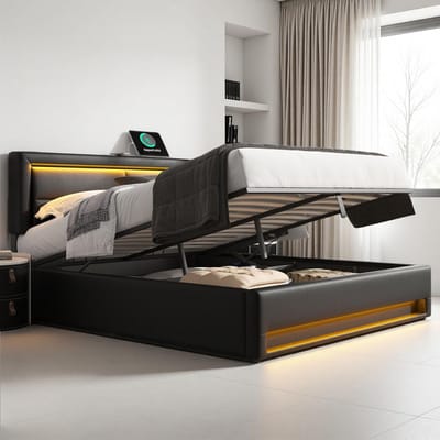 Tweepersoonsbed - Bedframe met opbergruimte - Slaapkamer organiseren - Geïntegreerde LED en USB - 160 x 200 cm - Zwart