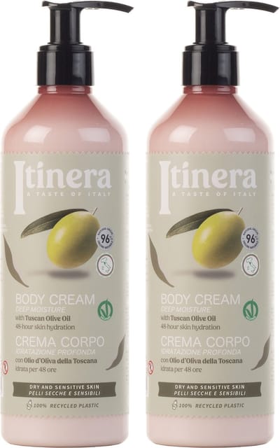 ITINERA Hydraterende Bodylotion voor Droge en Gevoelige Huid met Toscaanse Olijfolie, 96% Natuurlijke Ingrediënten, 370 ml X2
