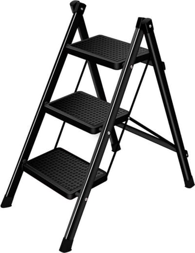 Buxibo - Keukentrapje/Vouwladder 3 Staps - Keukenopstapje - Opvouwbare ladderkruk - Trapladder - Anti-Slip - Metaal - Zwart