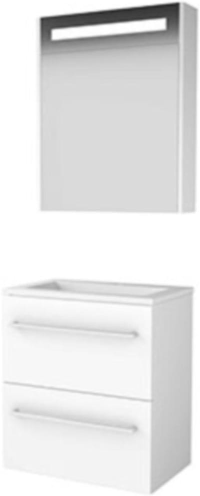 Basic-Line Premium 39 Badkamermeubelset - Ondiep - 60 x 39 cm - Met Grepen - 2 Lades - Acryl Wastafel - 1 Kraangat - Spiegelkast met LED Verlichting - Ice White