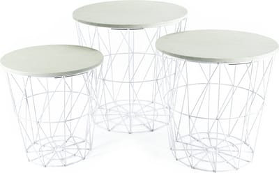 Set van 3x bijzettafels rond metaal/hout wit/licht hout 30/35/40 cm - Home Deco meubels en tafels