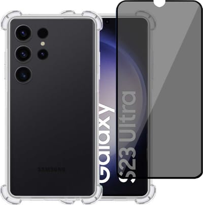 Hoesje geschikt voor Samsung S23 Ultra + Privé Screenprotector – Privacy Tempered Glass - Case Transparant