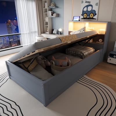 REDOM Ledikant 90x200 cm – Met LED-lichtlijst, stopcontacten & hydraulische opbergruimte – Grijs