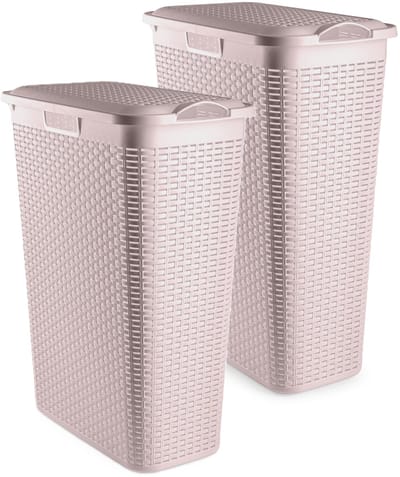Plasticforte Smalle Wasmand met deksel Rotan - 2x - roze - gevlochten kunststof - 48 liter - 27 x 46 x 60 cm