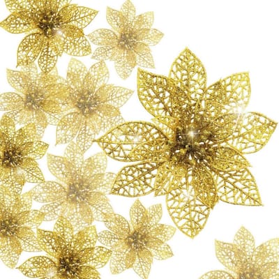 Kerstbloemen Glitter 30pcs - Kunststof - Goudkleurig - Perfecte kerstboomdecoratie - ShopVlot
