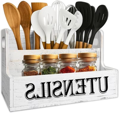 2-laags Keuken Gereedschap Houder met Compartimenten, 33,5 x 18 x 17,5 cm, Hout, Afvoergaten, Bestekmand, Rustieke Organizer voor Keukengerei en Keukenaccessoires