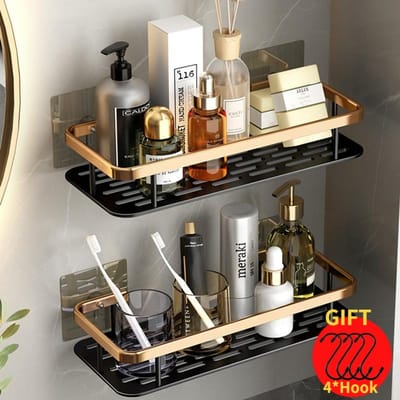 Luxe Badkamerplanken Zonder Boren Roestvrij Aluminium Douche Wandplank Shampoo Handdoekhouder Badkamer Organizer Accessoire gray