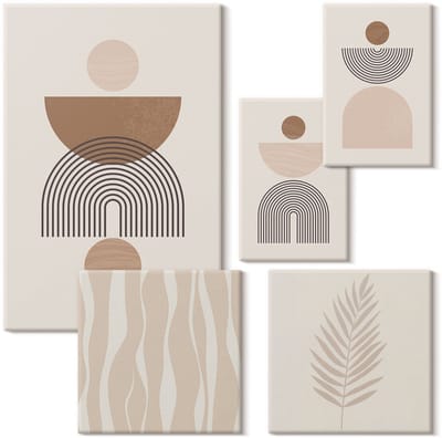 Wallfluent Set van canvas schilderijen - Abstracte geometrische vormen in tinten van de natuur Canvas Schilderijen Set - Set van 5 Canvas Schilderijen - Beige Set van Canvas Prints - Abstractie Canvas Kunst Set - Boheemse Canvas Kunst Set