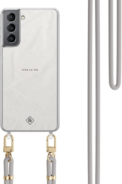 Casimoda® hoesje met grijs koord - Geschikt voor Samsung S21 Plus - Vive La Vie - Afneembaar koord - TPU/polycarbonaat - Grijs