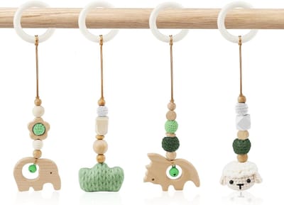 4-delige Speelboog met Baby Speelgoed vanaf 0 Maanden, Houten Gym voor Baby's, Activiteitenboog voor Kinderwagen en Autostoel, Geschikt voor Jongens en Meisjes