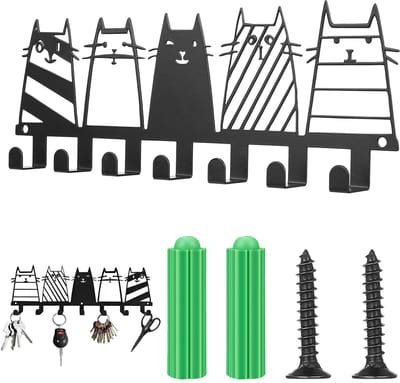 Sleutelrek zwart, sleutelrek met kattenmotief, metalen sleutelrek voor hal, wandmontage zonder gereedschap, robuuste sleutelhouder met 7 haken