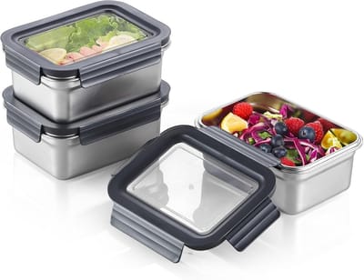 Famanu – Vries- en lunchcontainerset met deksel - luchtdicht en lekvrij - stapelbare roestvrijstalen bento lunchboxen - BPA-vrij en vaatwasmachinebestendig - 3 x 1,1 liter