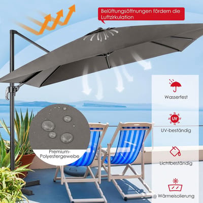 Zweefparasol 300x300 cm Vierkant – 360° Draaibaar Kantelbaar met Zwenkel – Grote Tuinparasol UV-Bescherming Waterafstotend – Grijs – Nicolehome