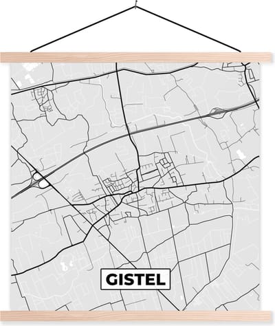 Posterhanger incl. Poster 40x40 cm - Schoolplaat - Stadskaart – Plattegrond – België – Zwart Wit – Gistel – Kaart - Textielposter - Blanke latten - Stadskaart