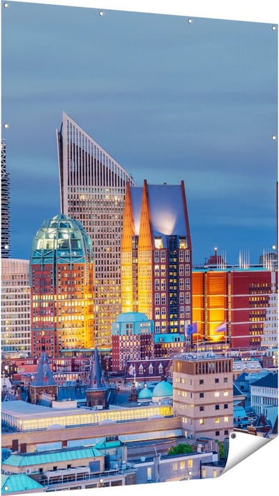 Gards Tuinposter Den Haag Skyline met Wolkenkrabbers - 120x180 cm - Tuindoek - Tuindecoratie - Wanddecoratie buiten - Tuinschilderij