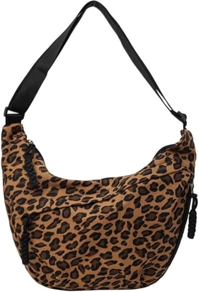 Halvemaanvormige schoudertas, hobotas, nylon crossbodytas voor dames, meerdere zakken, schoudertas met verstelbare band, luipaardprint/effen kleur, grote capaciteit, geschikt voor reizen, werk, universiteit-Schoudertas