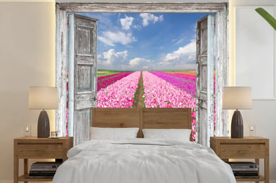 Behang - Fotobehang Bloemen - Tulpen - Doorkijk - Regenboog - Breedte 260 cm x hoogte 260 cm
