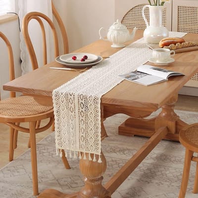 Katoenen Tafelloper - Tafelkleed Vintage - Tafeldecoratie Bruiloft - Handgeweven Splicing - 24 x 180 cm - Beige