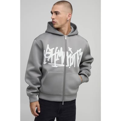 Oversized Boxy BHM Graffiti Bonded Scuba Printed Zip Through Hoodie | Charcoal | Size Small