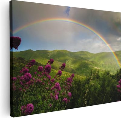 Artaza Canvas Schilderij Landschap - 40x30 cm - Klein - Wanddecoratie Regenboog - Muurdecoratie Bergen - Kamer Accessoires Bloemen