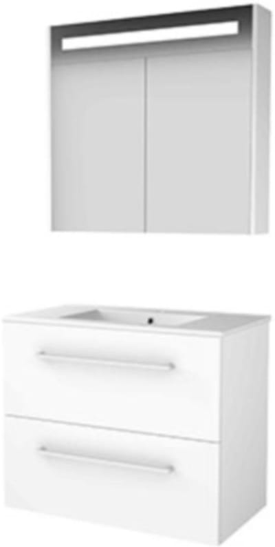 Basic-Line Premium 46 Badkamermeubelset - 80 x 46 cm - Met Grepen - 2 Lades - Keramische Wastafel - 1 Kraangat - Spiegelkast met LED Verlichting - Ice White