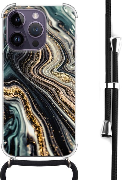 Hoesje met koord - Geschikt voor iPhone 14 Pro Max - Marble swirl - Verstelbaar zwart koord - Transparant, Multi - Marmer - Leuke Telefoonhoesjes
