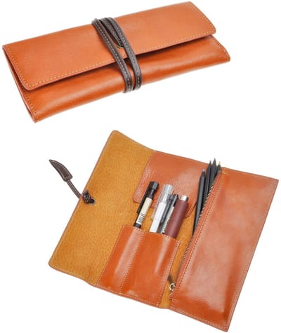Dailygoods- Pennenetui Handgemaakt - Oprolbaar Etui - Rundleer - Varkensleer Voering - 2 Pennenlussen - Ritssluiting Vak