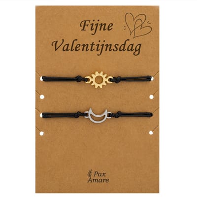 Koppel Armbandjes voor 2 "Fijne Valentijnsdag" - Zon & Maan - Vriendschapsarmbandjes met Persoonlijk Cadeau Kaartje - Zilverkleurig & Goudkleurig - Elastisch Verstelbaar - Pax Amare