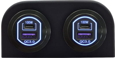 ProRide 12-24V USB/USB C Autolader 2 Poorten Opbouw - 100W QC3.0 - Tweevoudig Paneel - Blauw - 2 Stuks
