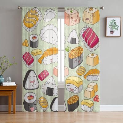Sushi Cartoon Japanse Cultuur Heerlijk Eten Transparante Gordijnen voor Woonkamer Decoratie Raamgordijnen Keuken Tule Voile Gordijnen W135 x H115cm x1 white