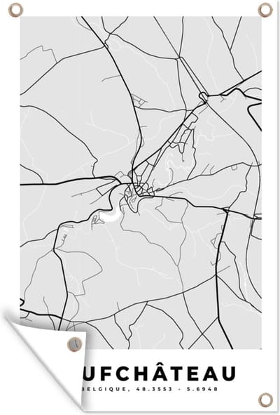 Muurdecoratie Stadskaart – Plattegrond – België – Zwart Wit – Neufchâteau – Kaart - 120x180 cm - Tuinposter - Tuindoek