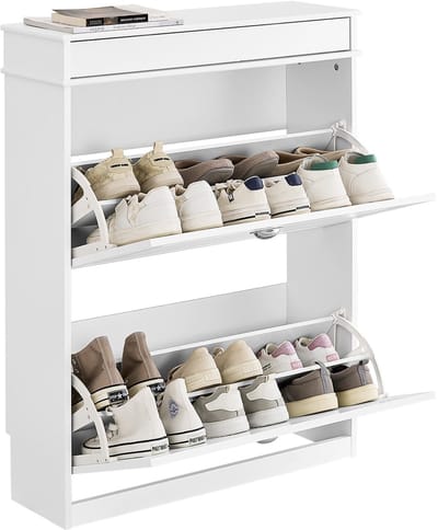 SoBuy FSR78-L-W Schoenenkast met 2 Kleppen, Schoenenrek voor Hal, Schoenenmeubel voor 12 Paar Schoenen, Schoenenopberger voor Gang of Entree, 75x24x96cm, Wit