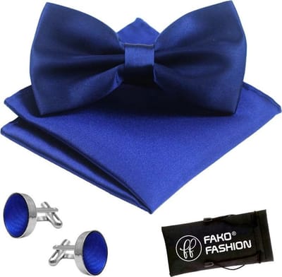 Fako Fashion - Vlinderstrik, Pochette & Manchetknopen - Vlinderdas - Strikje - Pochet - Satijn - Donkerblauw