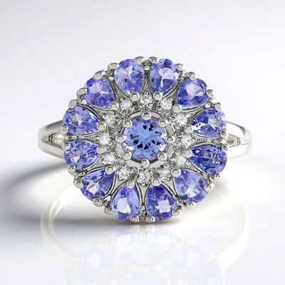 Cavill - Zilveren ring met 2,33 ct Tanzaniet - 925 Sterling zilver geplatineerd - Elegant bloemdesign - Handgemaakte damesring